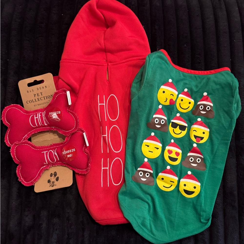 Festive Pet Hoodie, Emoji Shirt, and Toys Bundle -‎ Size Small